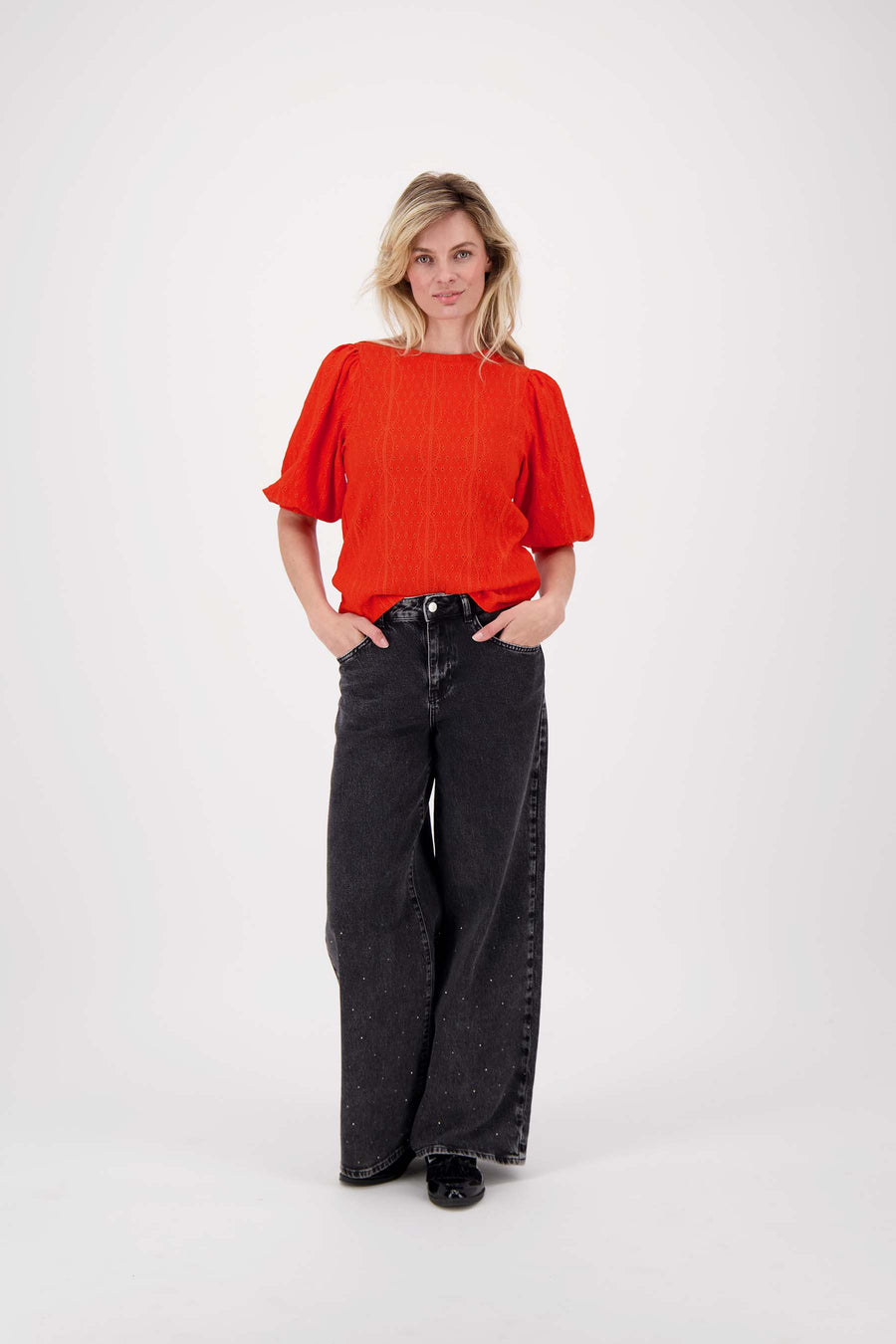 Broderie-Top mit kurzen Ärmeln | orange-rot