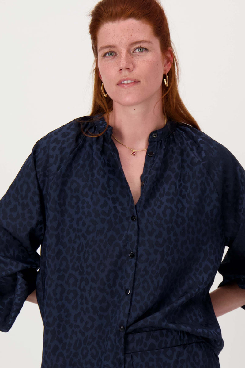 Satin-Jacquard-Bluse | Marineblau