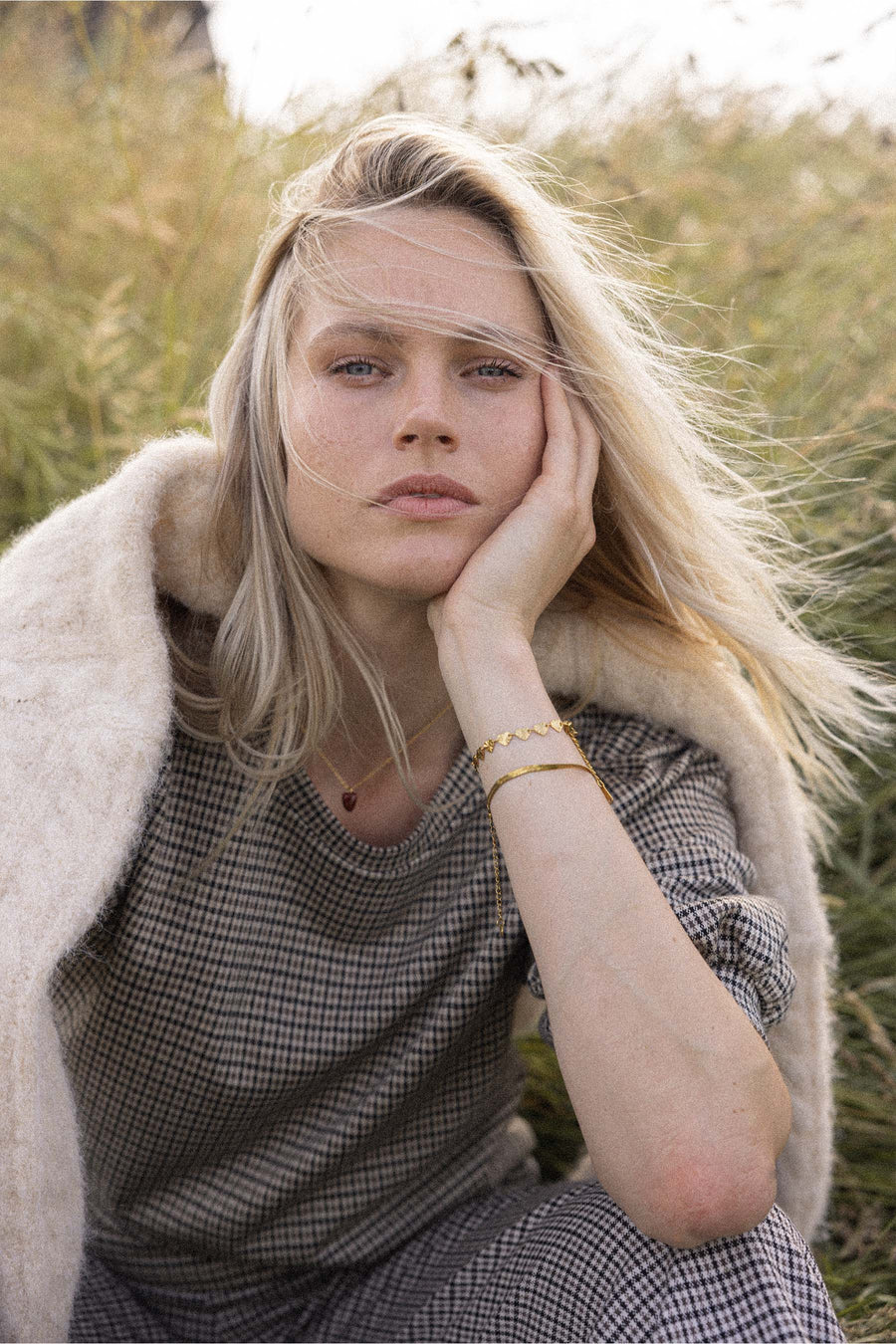 Kariertes Top mit Puffärmeln | Kit / Mittelbraun