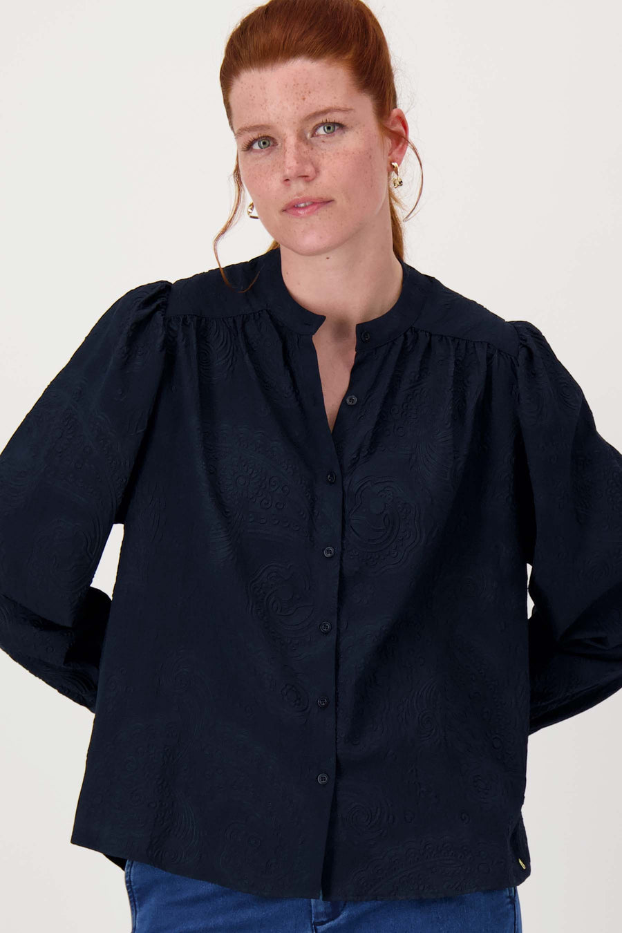 Bluse mit Ballonärmeln und Paisleystruktur | navy