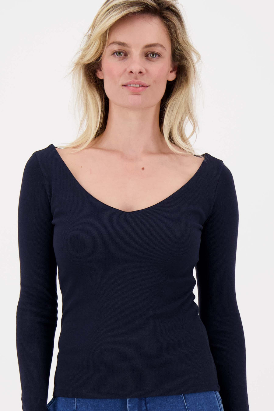 Basic-Ripp-Top mit V-Ausschnitt und Stretch | navy