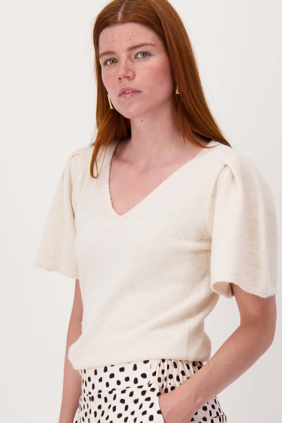 Top mit Schmetterlingsärmeln aus flauschigem Garn | Off-White