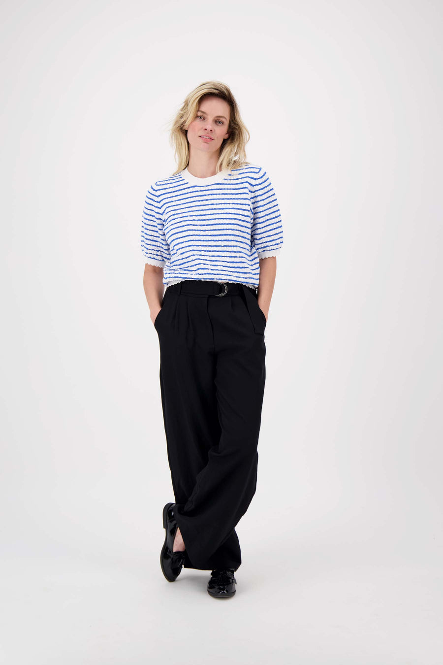 Pullover kurzarm mit Streifen | weiß / dunkelblau