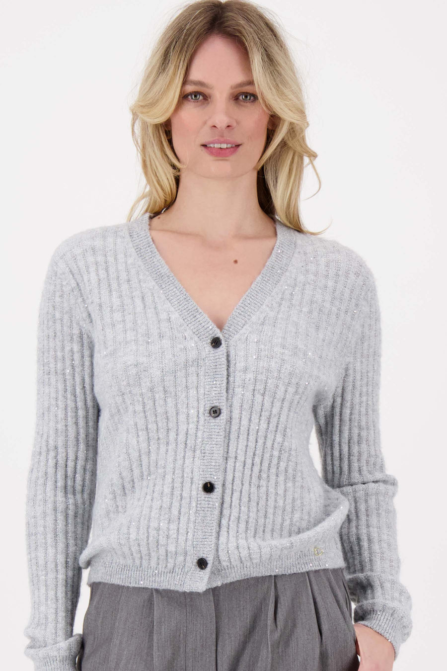 rib vest met kleine pailletten | grijs melange / zilver