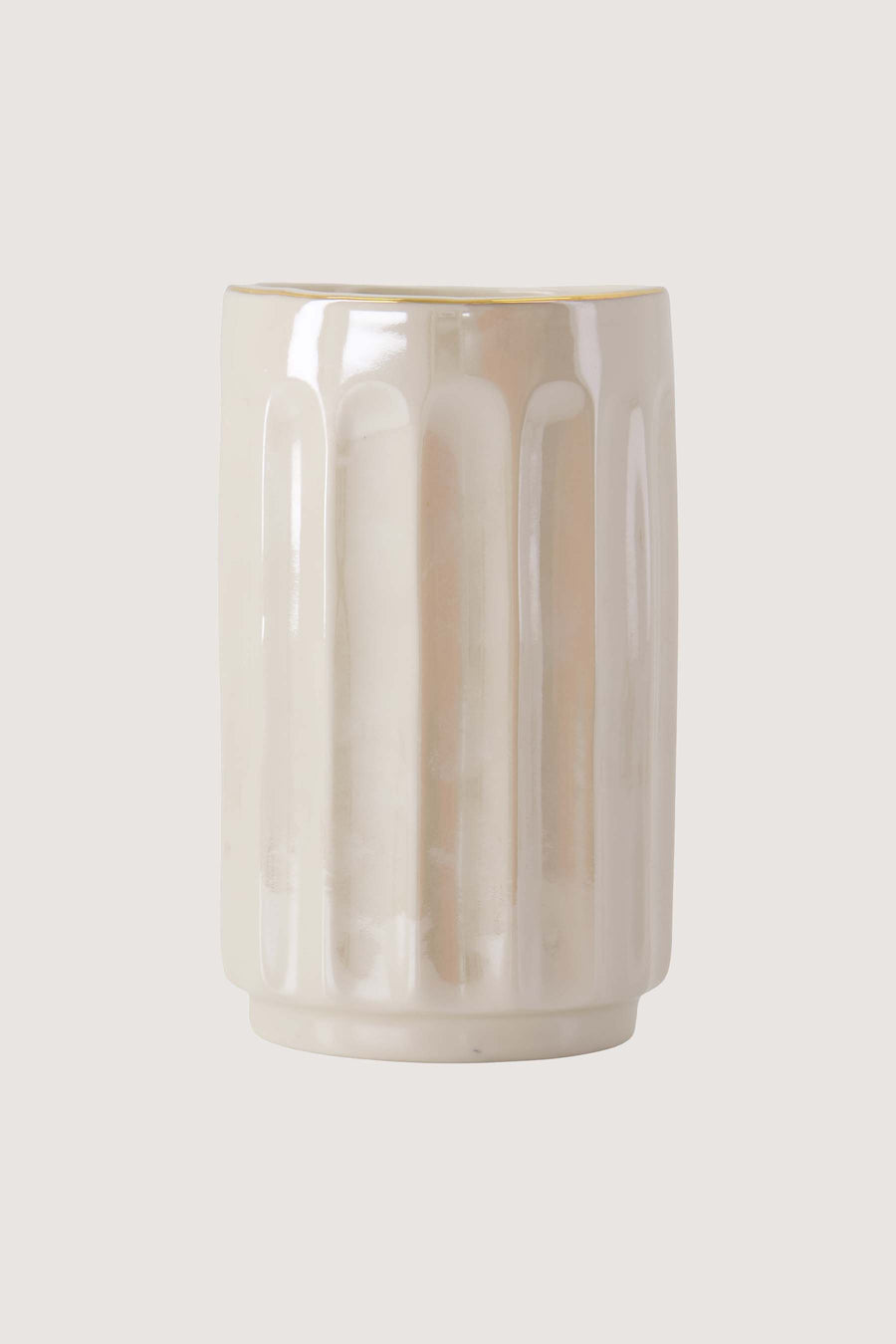 Tischvase Keramik Riffelung Perlmutt | weiß / gold