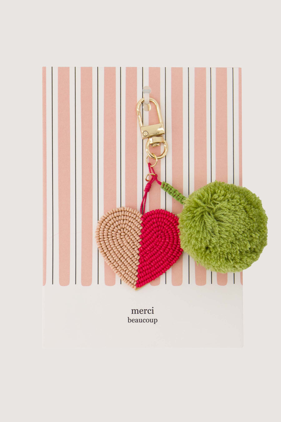 Postkarte Taschenanhänger Pompon Herz Merci beaucoup | mehrfarbig
