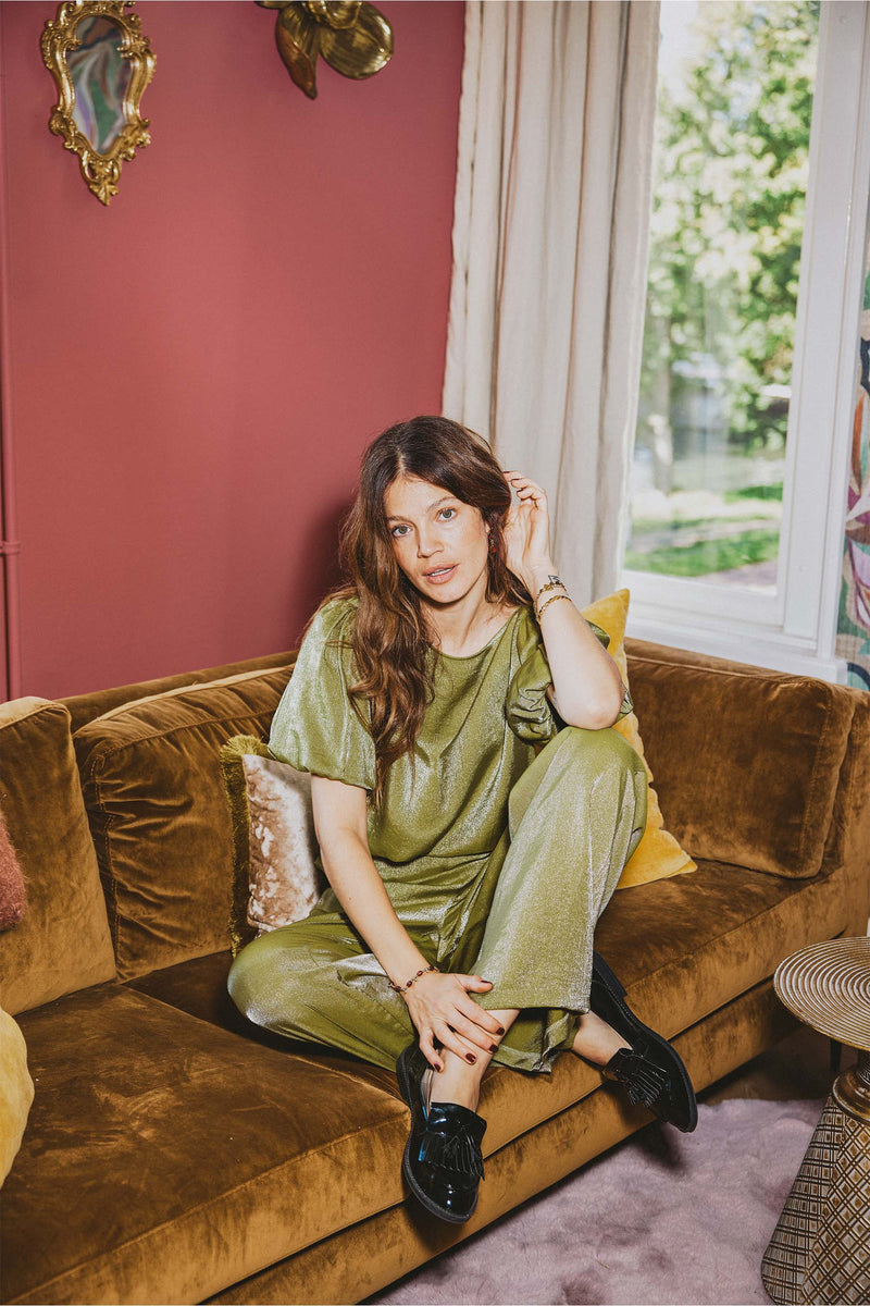 Satin-Top mit Puffärmeln | Avocado