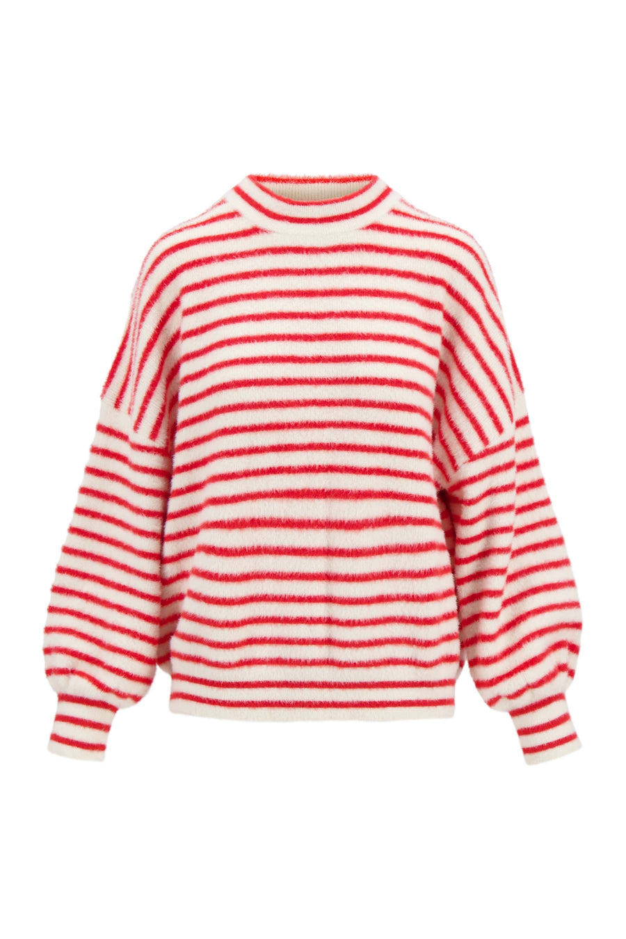 Flauschiger Puffärmel-Pullover gestreift | off white / rot